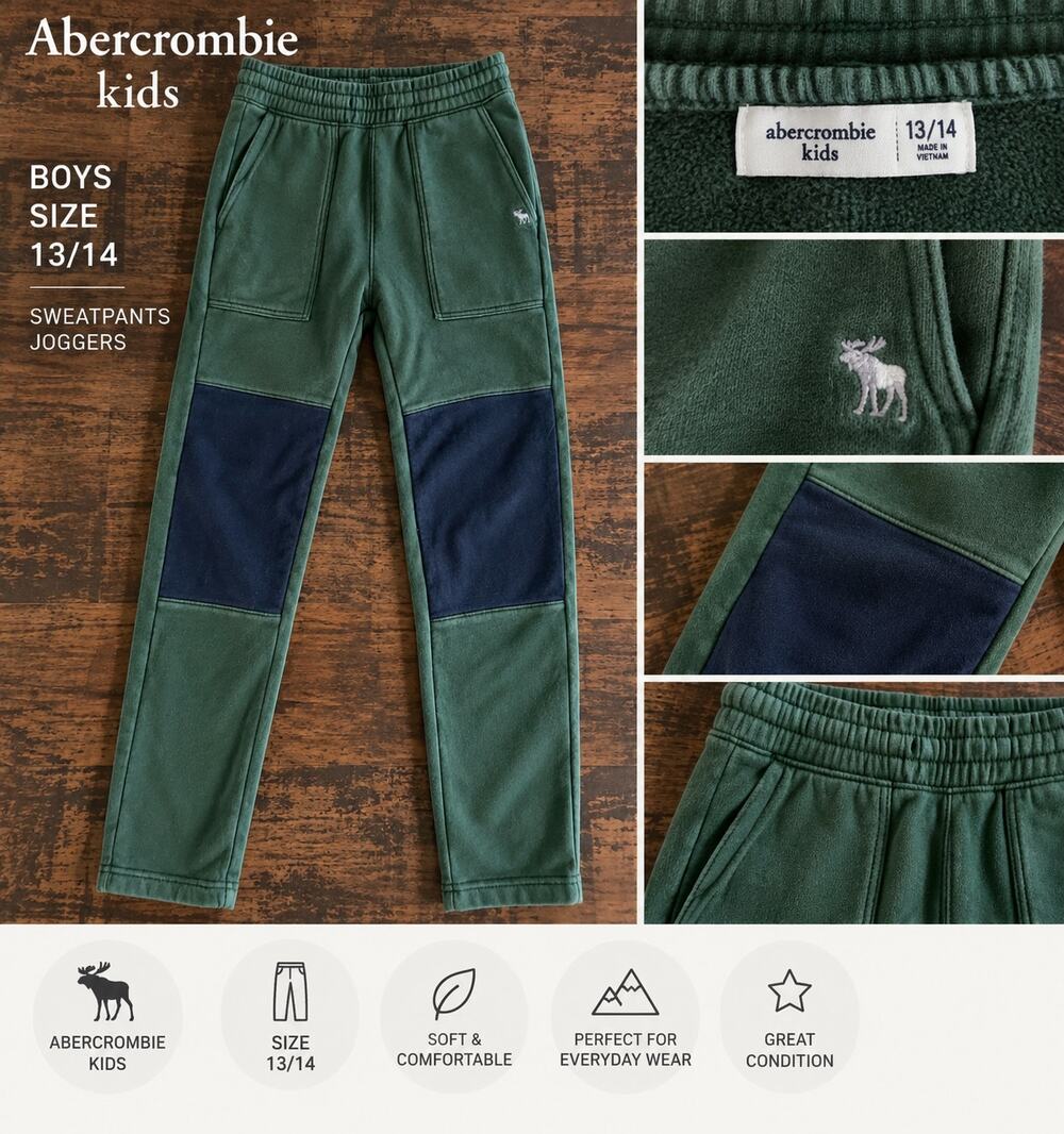 Abercrombie Kids Boys 13/14 Green Navy Colorblock Sweatpants Joggers